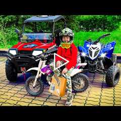 Den ride on Car Sportbike Quad Bike and Shopping - compilation for children