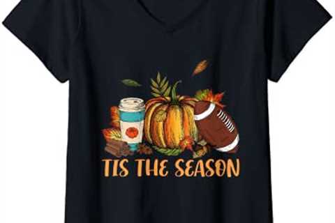 Womens Pumpkin Spice Football Tis The Season Fall Thanksgiving Gift V-Neck T-Shirt