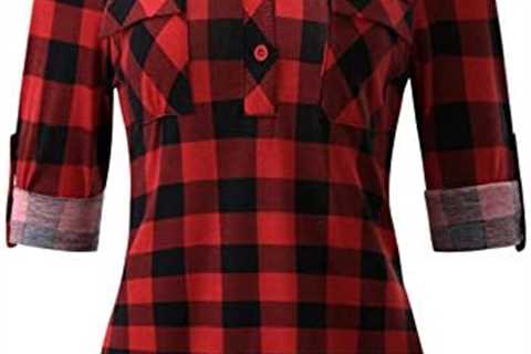 BAIKEA Women’s Roll Up Long Sleeve Notch Neck Plaid Shirt Button Down Checkered Tunic Top