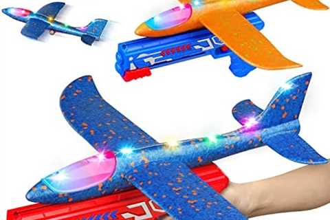 TOYFIT 2 Pack LED Light Airplane Launcher Toy Set, Throwing Foam Glider Catapult Plane, Outdoor..