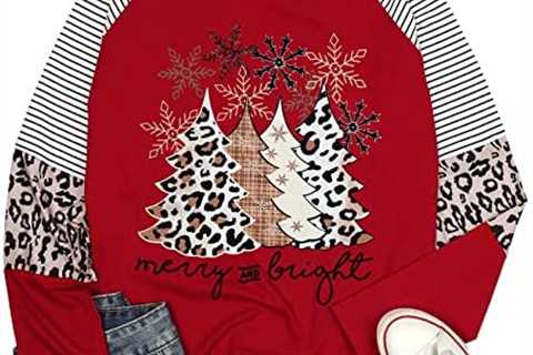 Christmas T Shirt Womens Merry and Bright Shirt Xmas Leopard Print Tree T-Shirt Holiday Graphic Tee ..