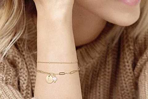 Gold Initial Bracelets for Women, 14K Gold Plated Charm Letter Initial Bracelet Adjustable Layered..