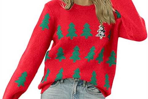 HUANCALY Christmas Sweater Pullover Jacquard Christmas Tree Knit Sweater Long Sleeve Sweater Neck..