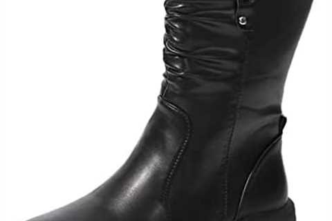 Dress Boots Women Small Calf Ladies British Style Solid Wrinkled Leather Side Zip Flat Fleece Over..