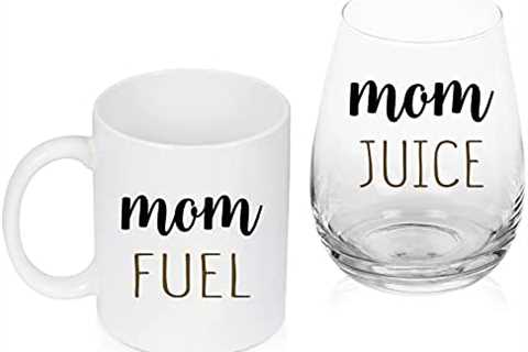 Mom Fuel Ceramic Coffee Mug＆Mom Juice Stemless Wine Glass Set of 2, Funny Mom Coffee Mug 11Oz Wine..