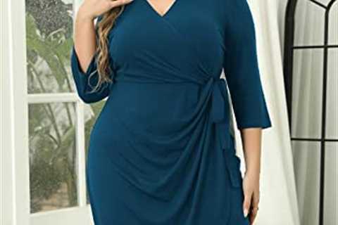 Nemidor Womens Plus Size 3/4 Sleeve Ruched Wrap Dress Casual Pleated Bodycon Midi Work Dress NEM348