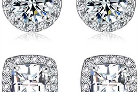 18K White Gold Plated Round Square Cubic Zirconia Simulated Diamond Halo Stud Earrings (2 Pairs)