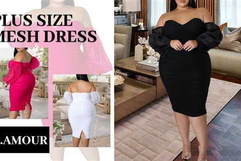 C.AMOUR Womens Plus Size Off The Shoulder Midi Dress Sexy Mesh Sheer Puff Sleeve Ruched Bodycon..