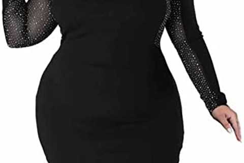 Women’s Sexy Plus Size Drilling See Through Dress Long Sleeve Mini Crew Neck Bodycon Dress