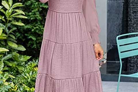 SEBOWEL Women Crew Neck Long Sleeve Maxi Dress Smocked Tiered Ruffle Swing A Line Dress Flowy..