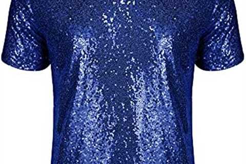 URRU Men’s Relaxed Short Sleeve Turndown Sparkle Sequins Polo Shirts 70s Disco Nightclub Party..