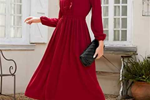 Women’s Ruffle Trim V Neck Long Sleeve Solid Bohemian Casual High Waist Pleated Maxi Party Dress