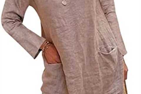 Womens Plus Size Cotton Linen Dresses Autumn Summer Casual Long Sleeve V-Neck Pockets Dress Loose..