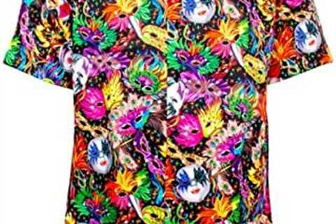 Vittorio Farina Mardi Gras Vibrantly Party Mask Print Shirt – Colorful Mens Hawaiian Shirts Short..