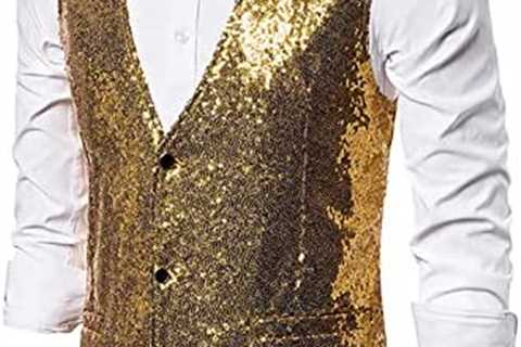 Sinzelimin Men’s Vest Jacket with Bow Tie, Fashion Sequins V-Neck Sleeveless Business Wedding Suit..