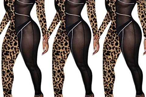 Uni Clau Women See Through Bodycon Jumpsuit – One Piece Deep V Neck Outfits Sheer Mesh Leopard..