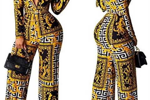 PerZeal Sexy V-Neck Jumpsuits for Women Casual Printed Long Wide Leg Pants Party Jumpsuits with Belt