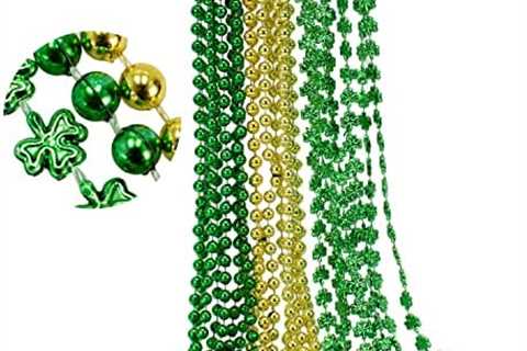 GIFTEXPRESS 12 pack of 33″ Mardi Gras Beads Necklace, Metallic Green Gold Shamrock Beaded Necklace, ..