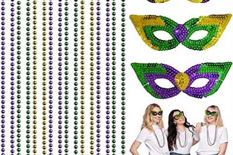 Mardi Gras Beads Masks, 4 Party Sequin Masks and 9 beads Necklaces Beads for Mardi Gras Party..