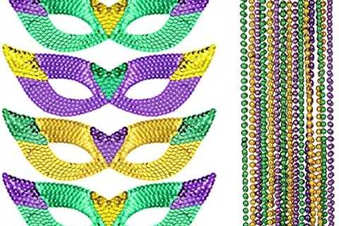 18 Pieces Mardi Gras Face Masks and Necklaces 6 Pcs Mardi Gras Sequin Eye Mask 12 Pcs Mardi Gras..