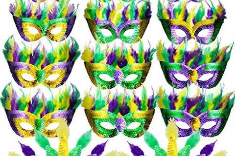 14 Pieces Mardi Gras Feather Mask Carnival Gold Green Purple Masquerade Masks for Mardi Gras..