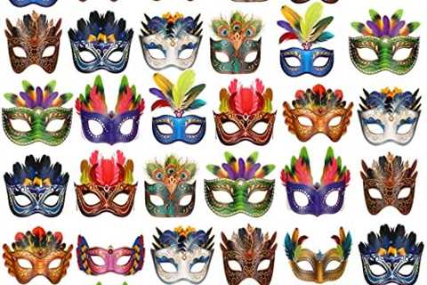 Jerify 48 Pcs Mardi Gras Feather Mask Bulk Carnival Masquerade Paper Masks Assortment Parade..