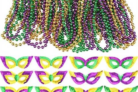 Sanwuta 112 Pieces Mardi Gras Face Masks and Necklaces 16 Pcs Mardi Gras Sequin Eye Mask 96 Pcs..