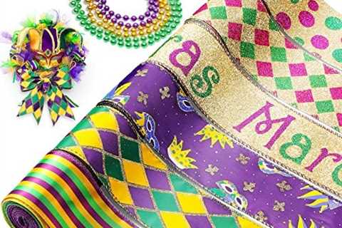 24 Yards x 2.5 Inch Mardi Gras Wired Ribbon and 6 Mardi Gras Beads Necklaces, 6 Gold Lame Print..