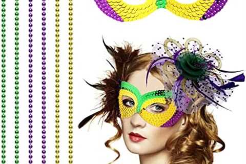 3 Pcs Mardi Gras Masks for Women Masquerade Masks, Mardi Gras Beads Necklace Fascinator Headband..