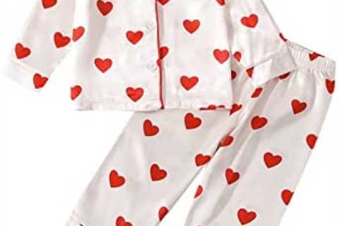 BULINGNA Kids Toddler Girl Valentine’s Day Pajamas Set Heart Print Pajamas Top Pants Satin Two..