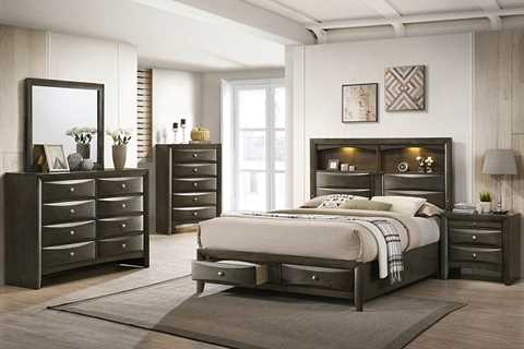 B4277 4 pc A & J Homes studios fallon grey wood finish storage headboard queen bedroom set with..