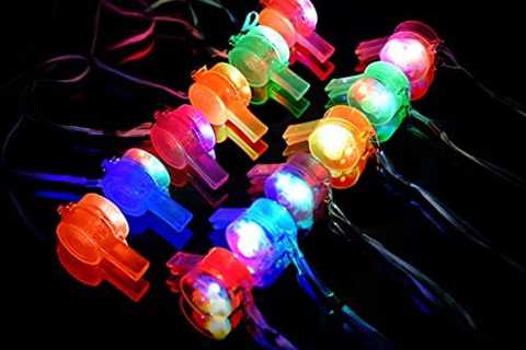 M.best 12 Pack LED Light Up Glow Whistles with Lanyard Necklace Glow in The Dark Fun Party Favors..