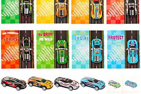 Valentines Day Cards for Kids – 32 Pack Race Cars Valentines Greeting Cards with Pull Back Cars..