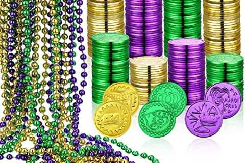 102 Pcs Mardi Gras Beads and Plastic Coins Set, with 12 Bead Necklaces and 90 Mardi Gras Coins..