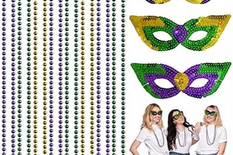 eyigylyo 12 Pieces Mardi Gras Masks & Beads Necklaces Bulk Set – Mardi Gras Costume Accessories Set ..