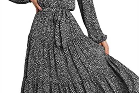 PRETTYGARDEN Women’s Long Sleeve V Neck Leopard Print Ruffle Tiered Maxi Dress Tie Waist Boho..