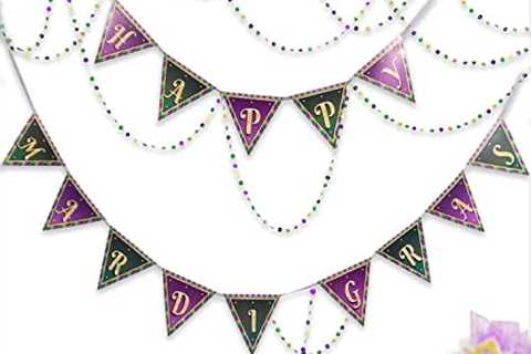 Green Purple Gold Happy Mardi Gras Banner and Paper Bead Garland Set for Mardi Gars Decoration..