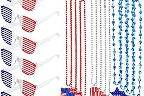 Whaline 18 Pack 4th of July Bead Necklaces Patriotic Metallic Beaded Necklaces with USA Hat..