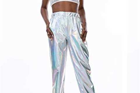 Zaxicht Womens Metallic Shiny Jogger Pants, Casual High Waisted Harem Pant Holographic Color Hip..