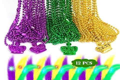 48PCS Mardi Gras Beads 12 Pack Mardi Gras Mask, Metallic Gold Green Purple Mardi Gras Beads Masks..