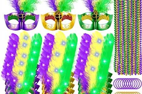 60 Pcs Mardi Gras Costume Accessories Set LED Feather Mardi Gras Mask Mardi Gras Beaded Bracelets..