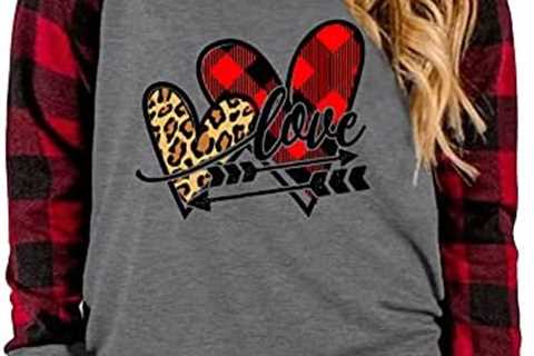 Plus Size Valentines Day Shirt Women Buffalo Plaid Love Heart Graphic Tees Cute Long Sleeve Tops..