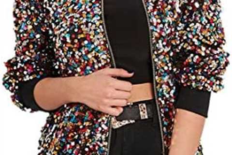 Cresay Women’s Sequin Fitted Long Sleeve Zipper Blazer Bomber Jacket