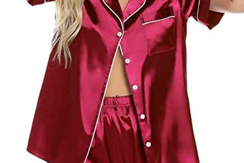 Samring Women’s Silk Satin Pajamas Set Short Sleeve Sleepwear Two Piece Button Down Pj Set with..