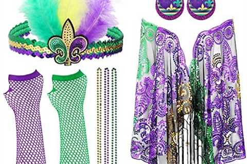 Jadive 8 Pcs Mardi Gras Costume Women Accessories Set Mardi Gras Poncho Shawl Mardi Gras Beads..