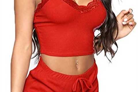 Women’s V-Neck Sleeveless Pajamas Set Lace Cami Set with Short Pants Sleepwear PJ Set Nightwear