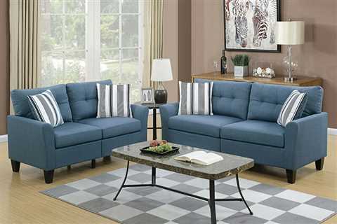 Poundex F6535 2 pc Alcott hill channahon blue glossy polyfiber fabric sofa and love seat set. Click ..