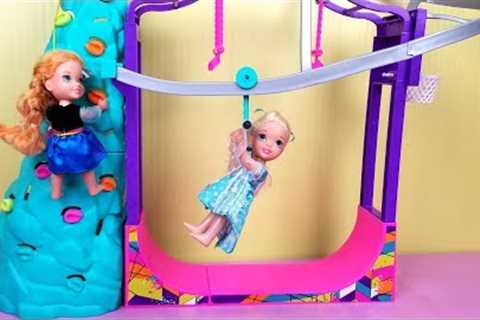 Indoor Play Place ! Elsa and Anna toddlers - zip line - foam pit - Barbie - playdate